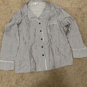 Ettitude Women's L Long Sleeve Sateen Stripe Pajama Top Gray White Classic New